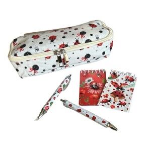 Ladybug Print Kids Corduroy Pencil Case Set with 2 Lady Bug Pads & 2 Ladybug Pen